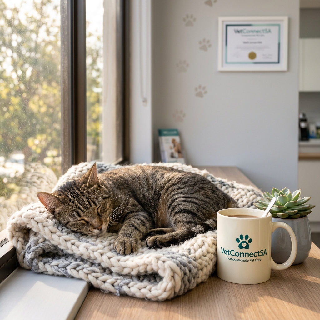 Tabby cat resting on blanket near VetConnectSA mug
