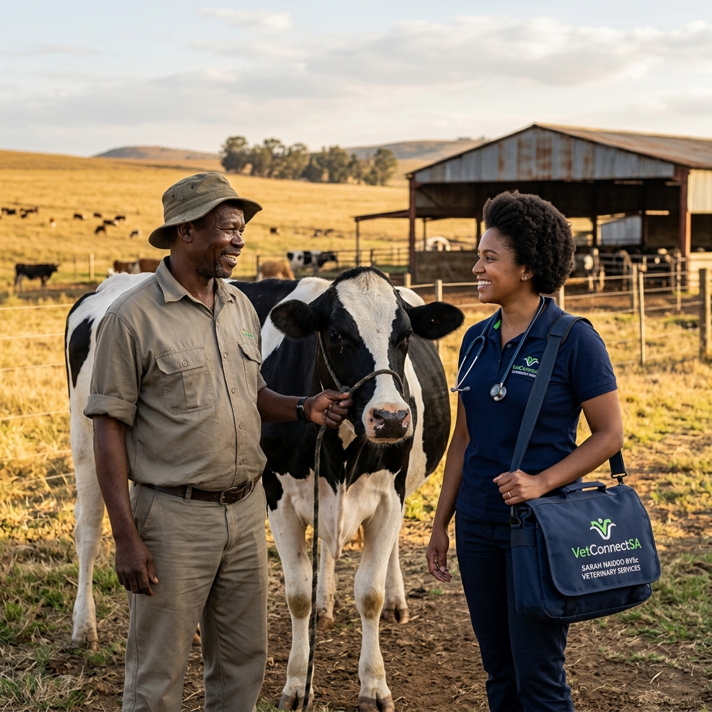 Field veterinarian with VetConnectSA bag talking with South African dairy farmer