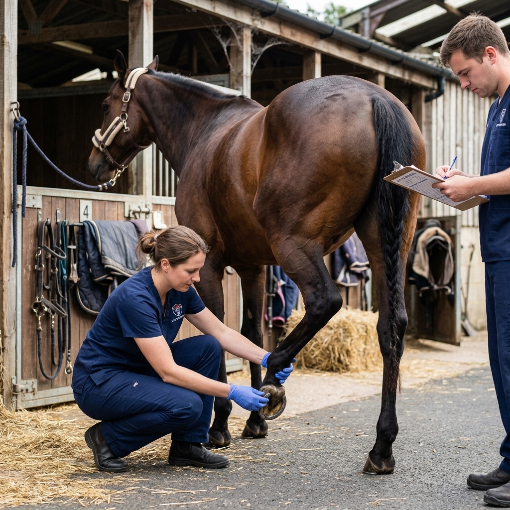 Equine vet in VetConnectSA coat examining horse leg at outdoor stables